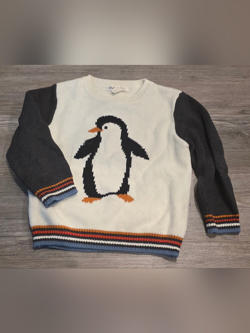 Hatley Baby Penguin Crewneck Sweater - White, Charcoal & Orange Trim 4T